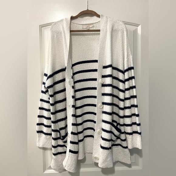 LOFT | Women’s Striped Open Front Cardigan Sweater | 100% Cotton - Picture 5 of 7